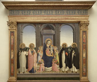 Jungfrau und Kind auf dem Thron mit Engeln und St. Thomas von Aquin, St. Barnabas, St. Dominikus und St. Peter Martyr, ca. 1422 von Fra Angelico